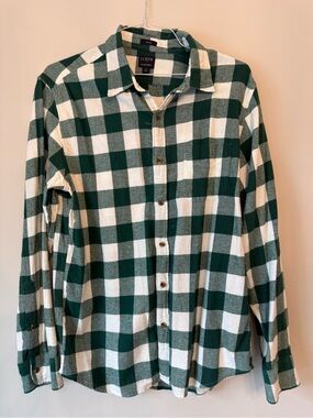 J. Crew Dark Green and White Buffalo-Check Flannel Shirt